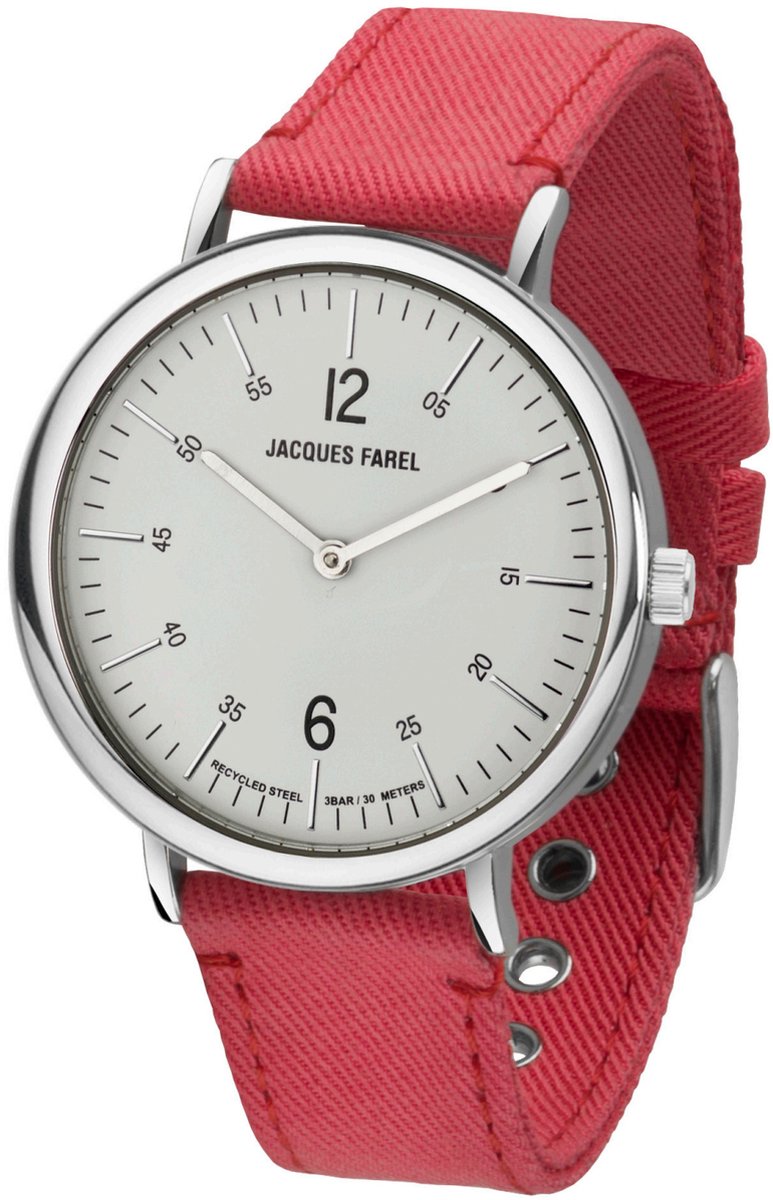JACQUES FAREL hayfield - Horloge Duurzaam - Vegan Horloge - Analoog - Rood - Unisex - Gerecycled Staal - Verstelbaar bandje 16-21 cm - 3 Bar - ORS 8787