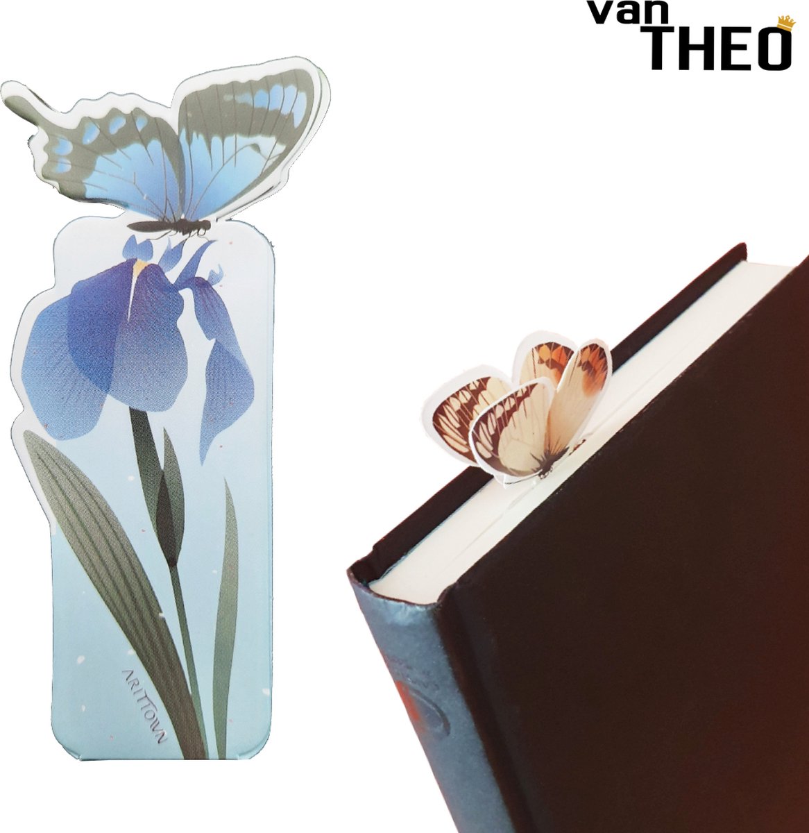 van Theo® Boekenlegger Vlinder & Bloem – Bladwijzer - Bookmark – Kaartje – Anemoon - Kleine Cadeautjes