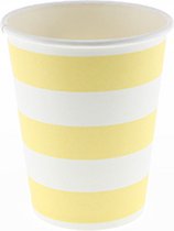 12 x stuks gele kartonnen bekertjes met witte strepen 250 ml - Verjaardag feestartikelen - Verjaardag feestje bekers - Frisdrank/Limonade - 8 cm doorsnede boven- 9,5 cm hoog