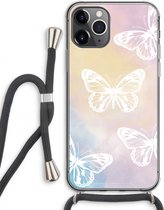 Case Company® - Hoesje met koord geschikt voor iPhone 11 Pro Max hoesje met Koord - White butterfly - Telefoonhoesje met Zwart Koord - Extra Bescherming aan alle Kanten en Over de Schermrand
