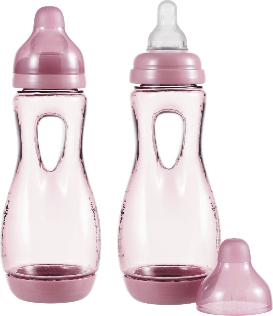Goedkoopste Difrax Handgreep Babyfles 240 ml Natural - S-Fles - Anti-Colic - Roze - 2 st.