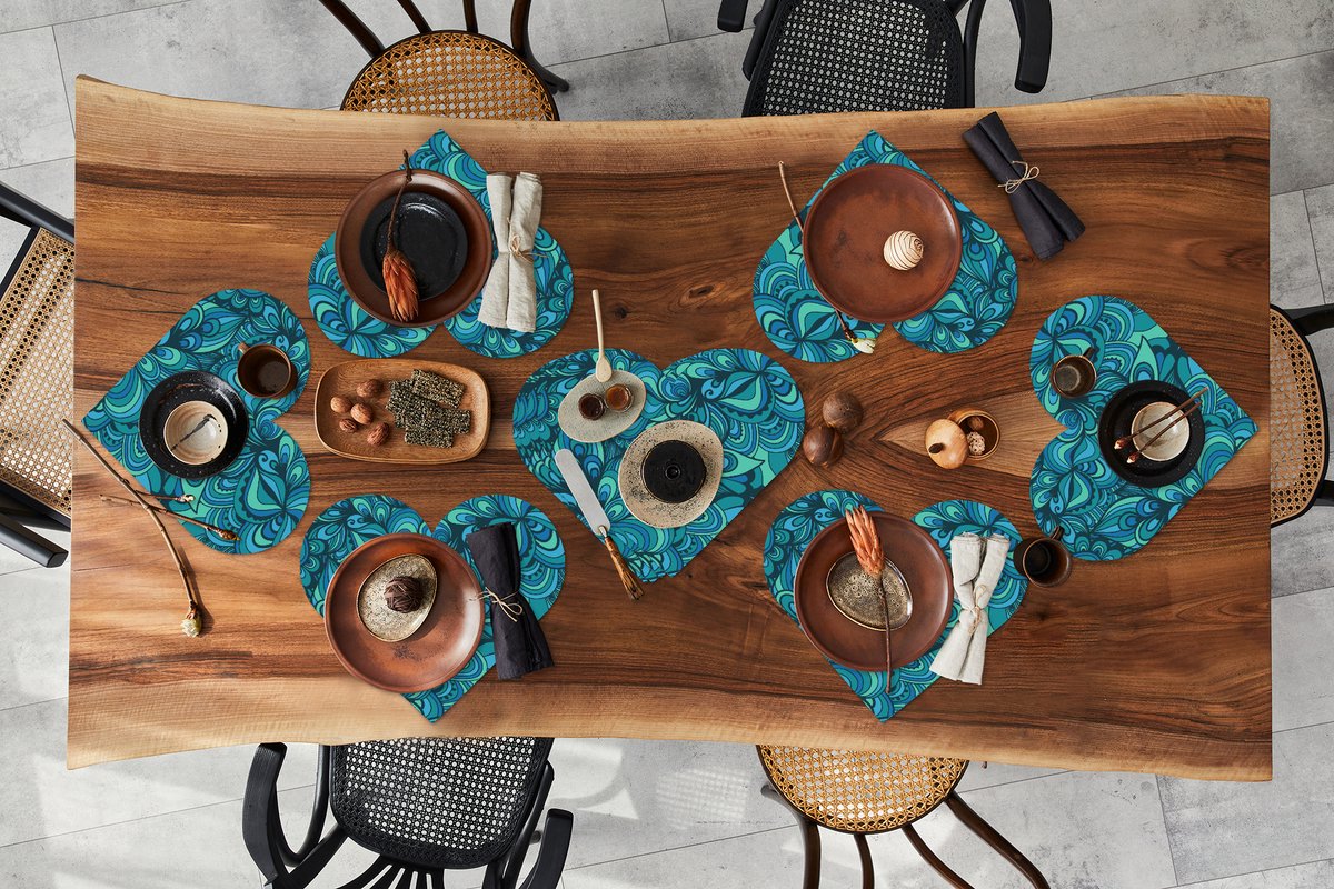 Onderleggers - Placemats - Placemats hartje - Design - Vintage - Blauw - Turquoise - 10 stuks
