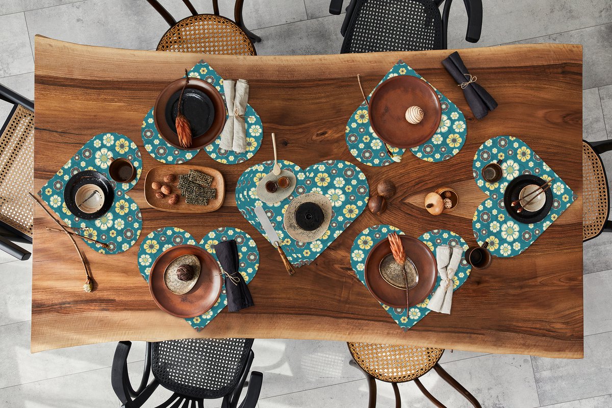 Onderleggers - Placemats - Placemats hartje - Retro - Bloemen - Patronen - Blauw - 10 stuks