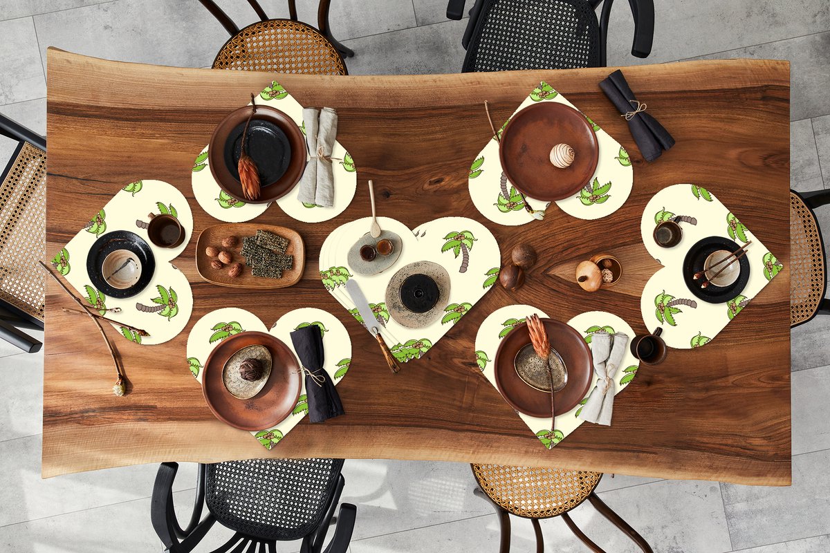 Onderleggers - Placemats - Placemats hartje - Palmboom - Patronen - Kokosnoot - Tropisch - 10 stuks