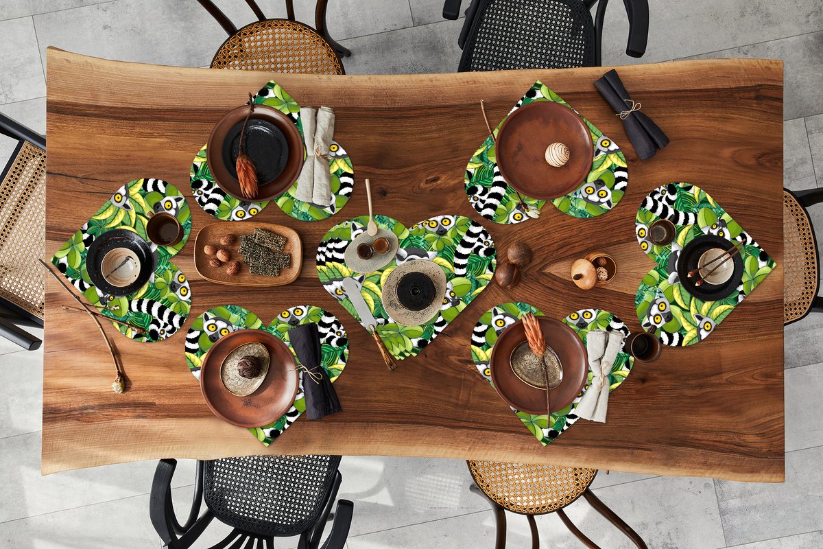 Onderleggers - Placemats - Placemats hartje - Patroon - Jungle - Ringstaartmaki - 10 stuks
