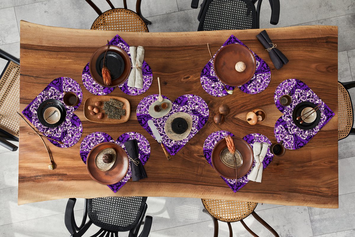 Onderleggers - Placemats - Placemats hartje - Roos - Paars - Patronen - Barok - 8 stuks