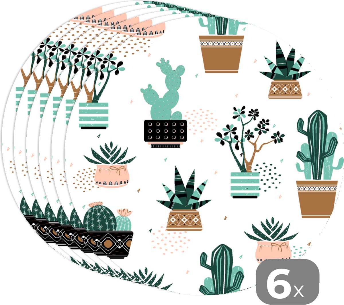 Ronde placemats - Onderlegger - Placemats rond - Patronen - Cactus - Planten - 6 stuks