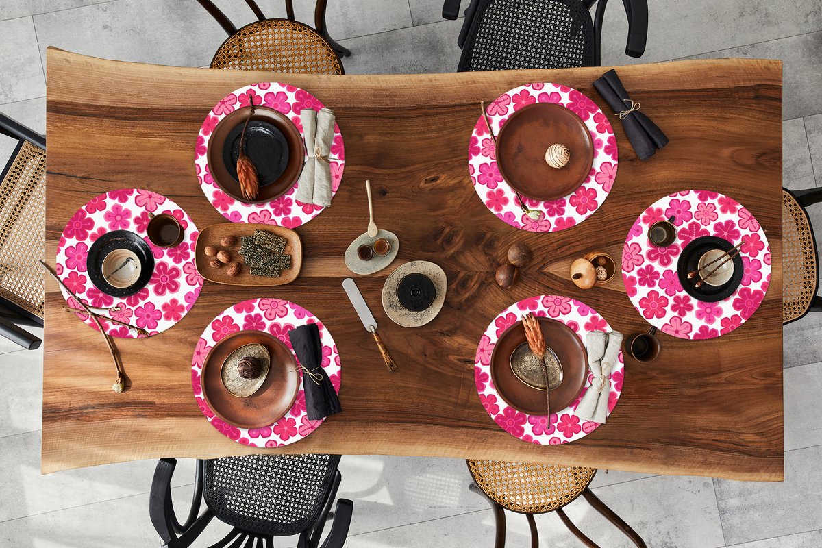 Ronde placemats - Onderlegger - Placemats rond - Bloemen - Roze - Patronen - 6 stuks