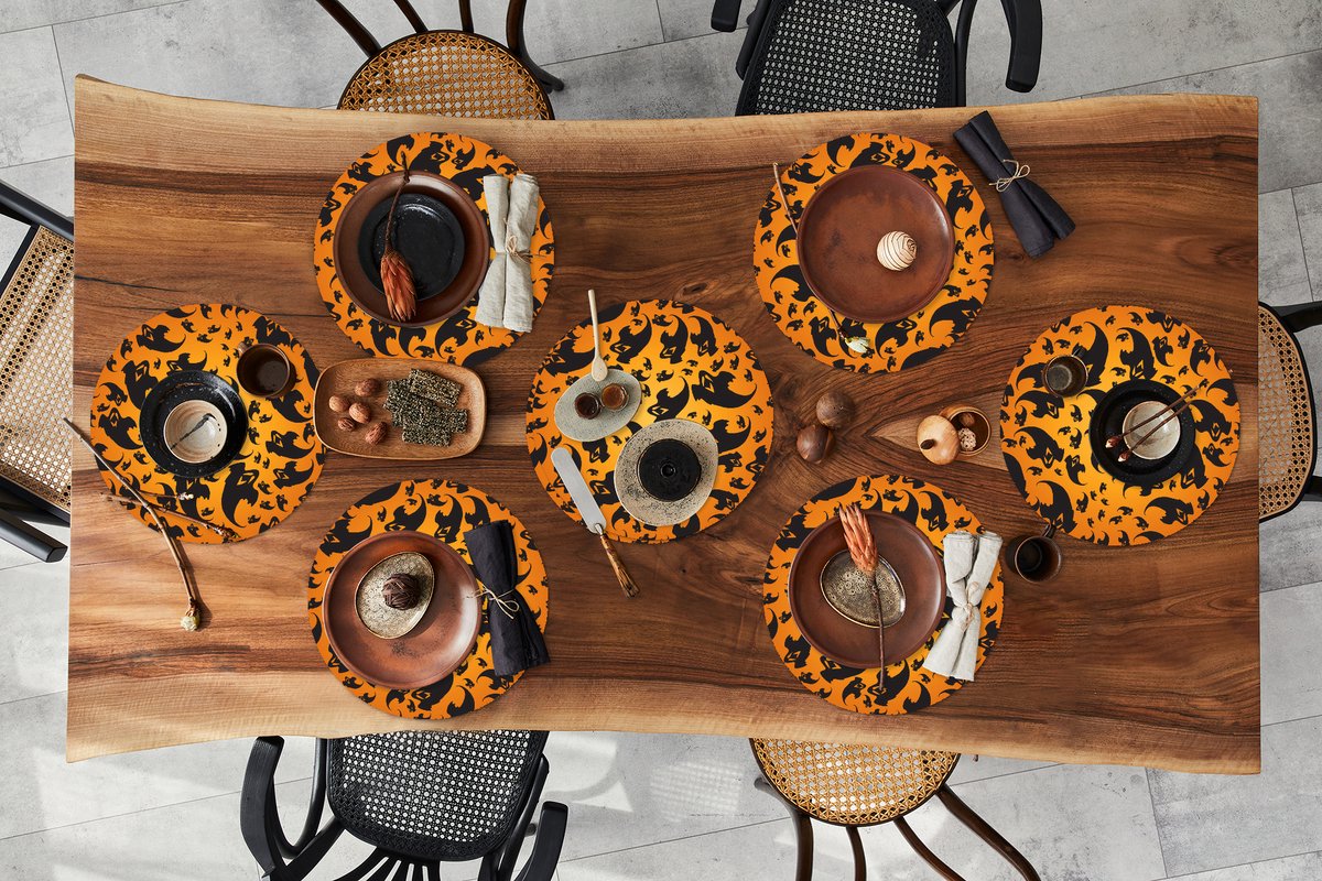 Ronde placemats - Onderlegger - Placemats rond - Halloween - Oranje - Patronen - 8 stuks
