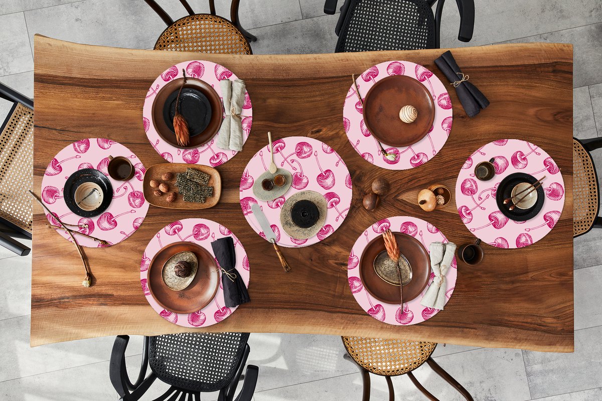 Ronde placemats - Onderlegger - Placemats rond - Vintage - Kersen - Patronen - Roze - 8 stuks