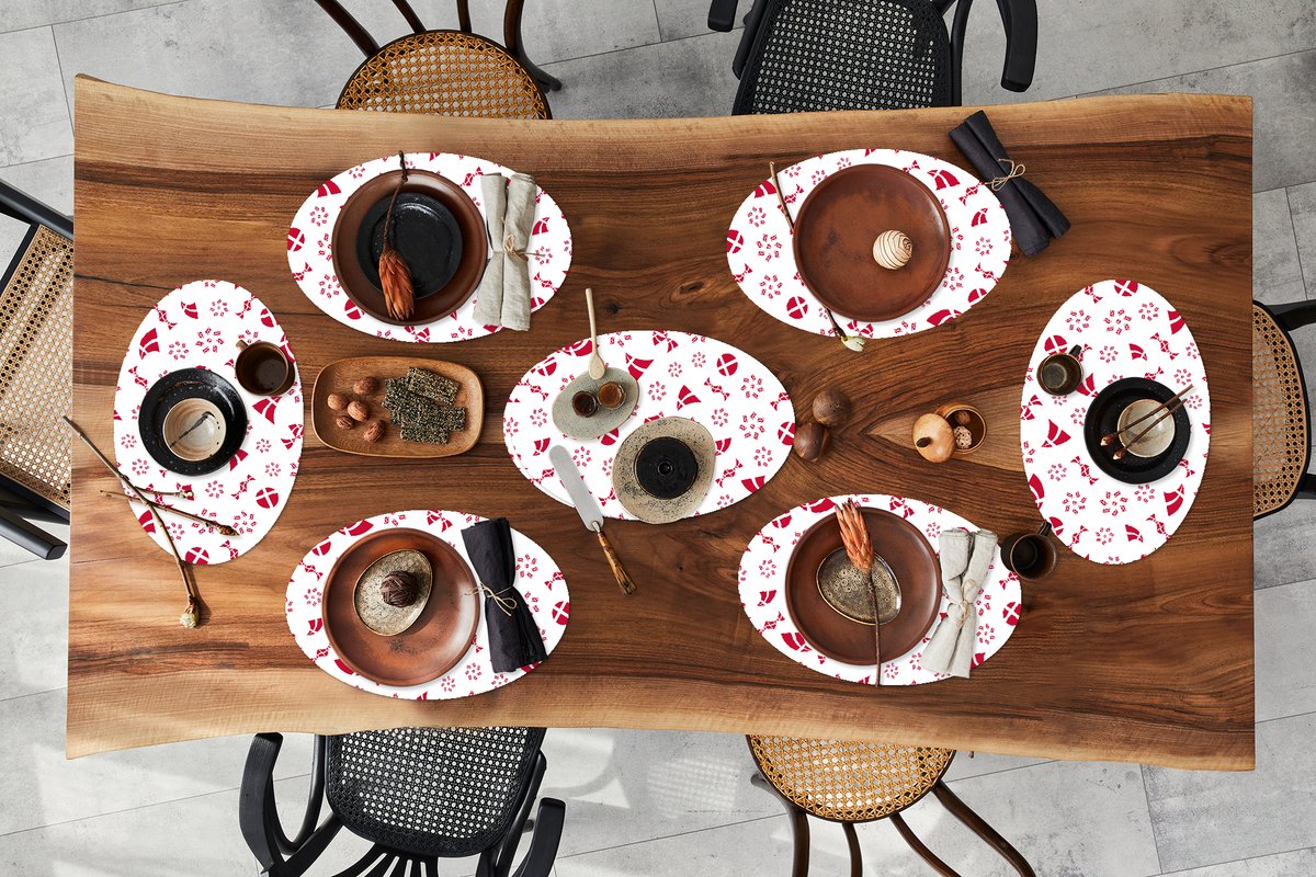 Placemats ovaal - Onderleggers - Ovale placemats - Denemarken - Patronen - Rood - 8 stuks