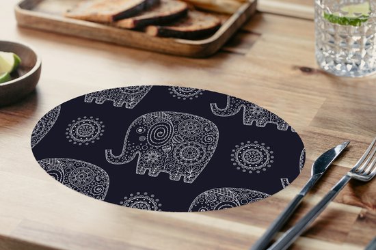 Napperons ovales - Sous-verres - Sets de table ovales - Motif - Éléphant - Fleurs - 6 pièces