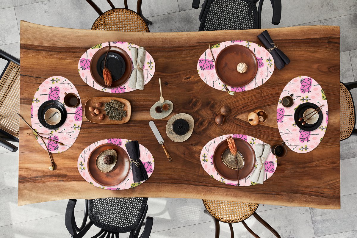 Placemats ovaal - Onderleggers - Ovale placemats - Roze - Bomen - Bladeren - Design - 6 stuks