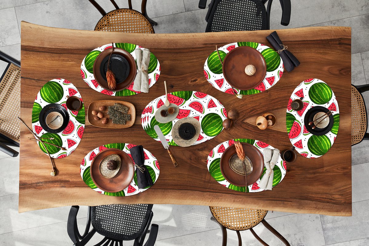 Placemats ovaal - Onderleggers - Ovale placemats - Patroon - Watermeloen - Pit - Fruit - 10 stuks