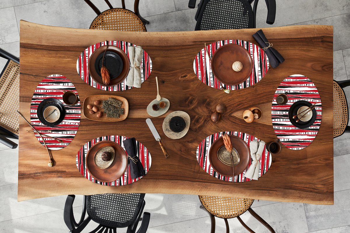 Placemats ovaal - Onderleggers - Ovale placemats - Rood - Patronen - Boom - 6 stuks