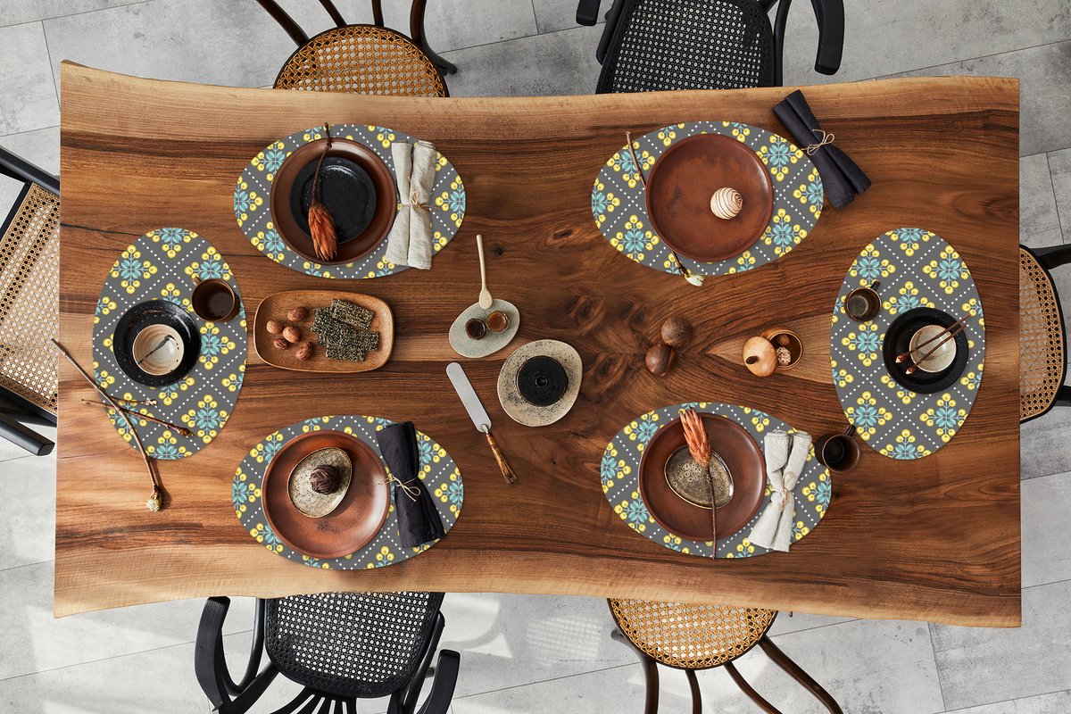 Placemats ovaal - Onderleggers - Ovale placemats - Design - Ruit - Bloemen - Grijs - 6 stuks