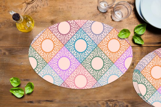 Placemats ovaal - Onderleggers - Ovale placemats - Zonnebloem - Ruit - Patronen - 6 stuks