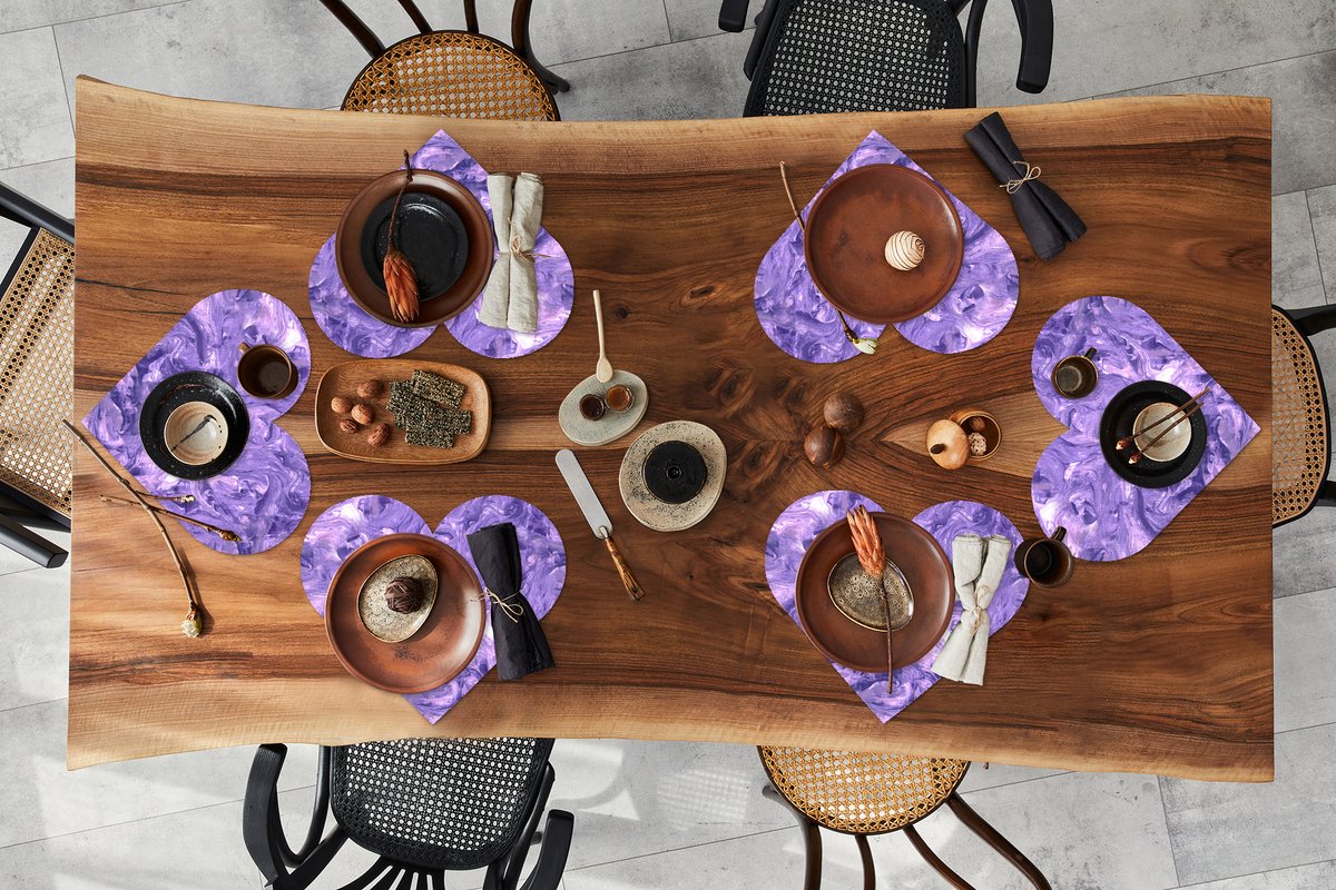 Onderleggers - Placemats - Placemats hartje - Paars - Marmer print - Verf - Patronen - 6 stuks
