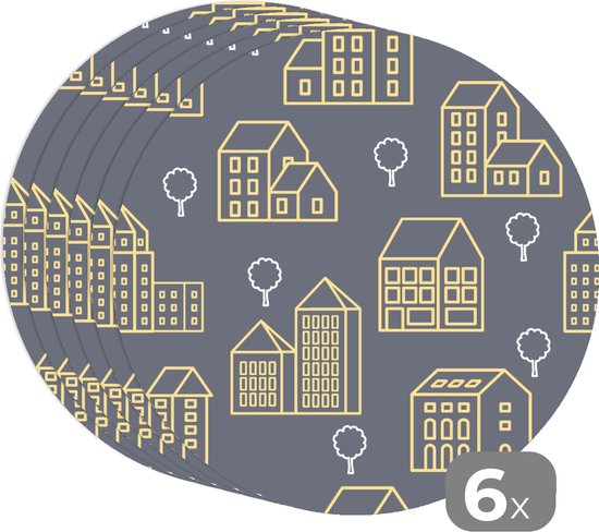 Sets de table ronds - Dessous de verre - Napperons ronds - Motifs - Bâtiments - Or - 6 pièces