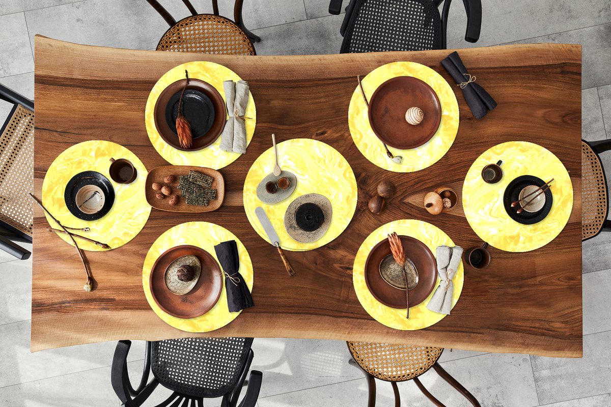 Ronde placemats - Onderlegger - Placemats rond - Geel - Patronen - Marmer print - Verf - 8 stuks