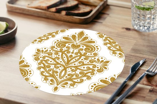 Sets de table ronds - Dessous de verre - Napperons de table ronds - Vintage - Fleurs - Goud - Motifs - 6 pièces