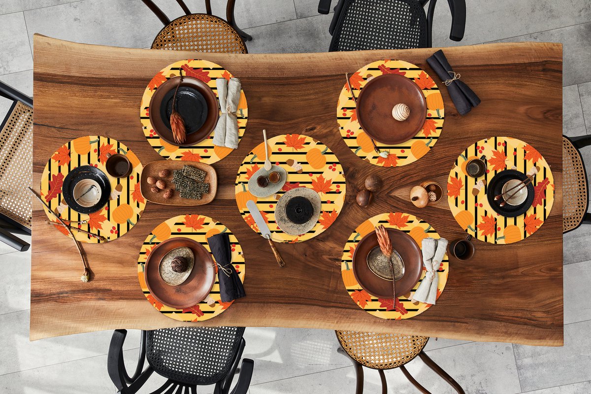 Ronde placemats - Onderlegger - Placemats rond - Pompoen - Bes - Bladeren - Herfst - Patroon - 8 stuks