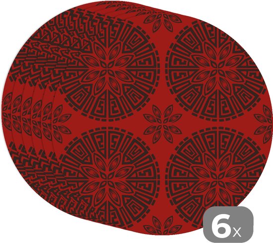 Sets de table ronds - Dessous de verre - Napperons ronds - Chinois - Motifs - Rouge - 6 pièces