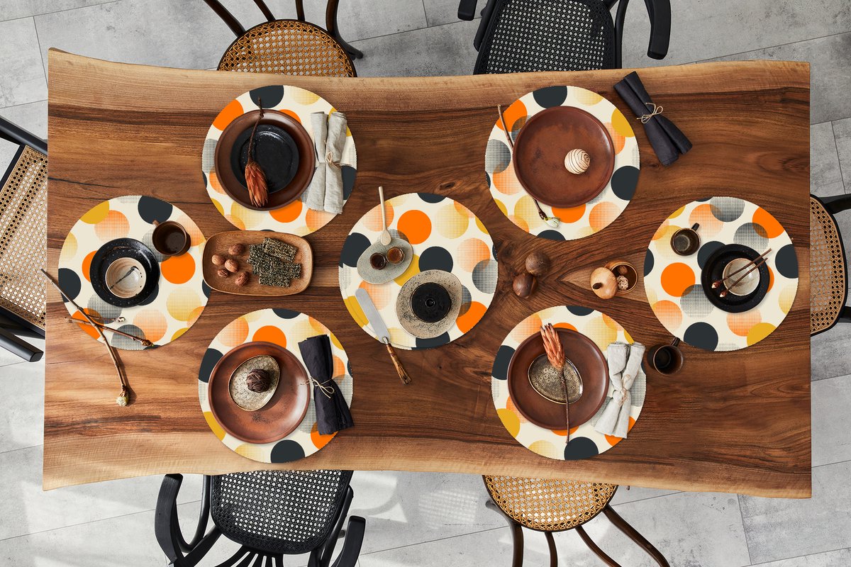 Ronde placemats - Onderlegger - Placemats rond - Polkadot - Design - Retro - Oranje - 8 stuks