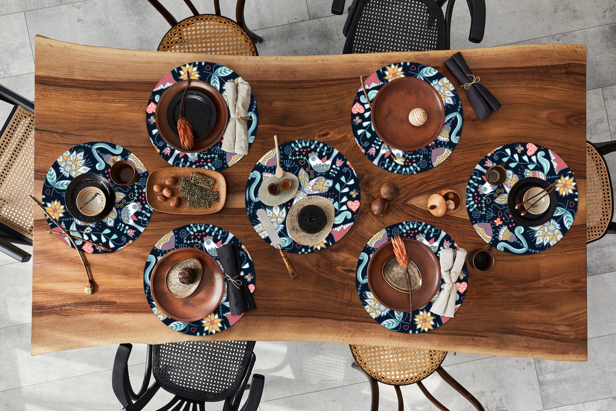 Ronde placemats - Onderlegger - Placemats rond - Vlinder - Vogel - Bloem - Patroon - 8 stuks