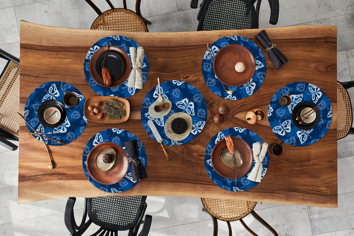 Ronde placemats - Onderlegger - Placemats rond - Vlinder - Insecten - Blauw - Wit - Design - 8 stuks