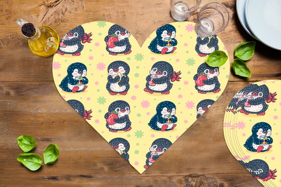 Onderleggers - Placemats - Placemats hartje - Aardbei - Design - Pinguïn - 8 stuks