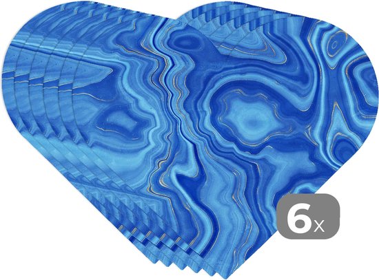 Onderleggers - Placemats - Placemats hartje - Marmer print - Blauw - Patroon - 6 stuks