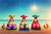 Schilderij - Drie gezellige dames op het strand, Multikleur , 2 maten , Premium print