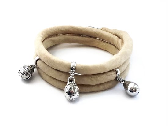 Nieuw! Jolla - dames  armband zilver - zijde - magneetsluiting - bedels - Silk Wrap - Beige