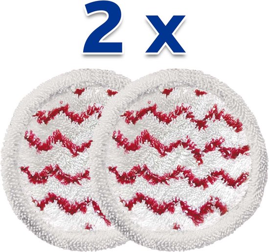 Twee ronde witte microvezelpads met rode zigzagpatroon. "2 x" staat erboven.