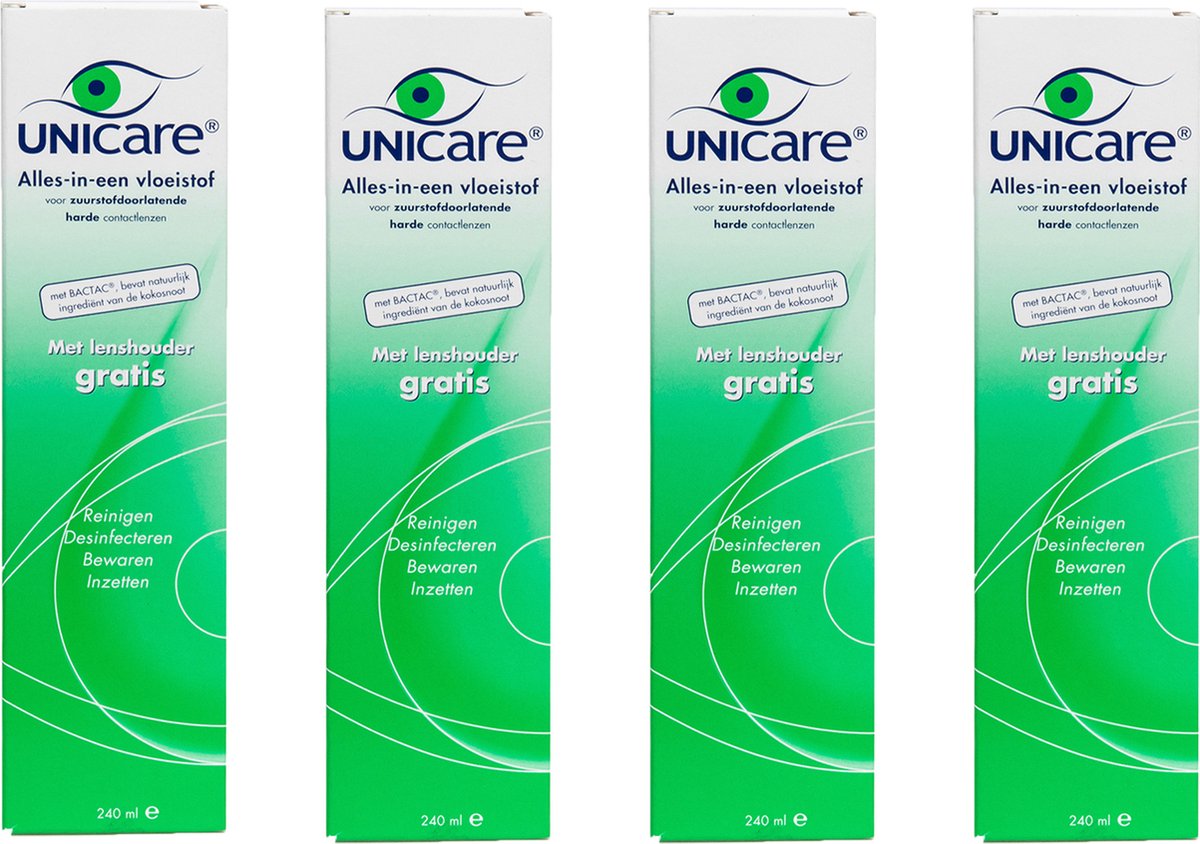 Goedkoopste Unicare 4 x 240ml lenzenvloeistof voor harde contactlenzen - Alles in een lenzenvloeistof hard 240 ml