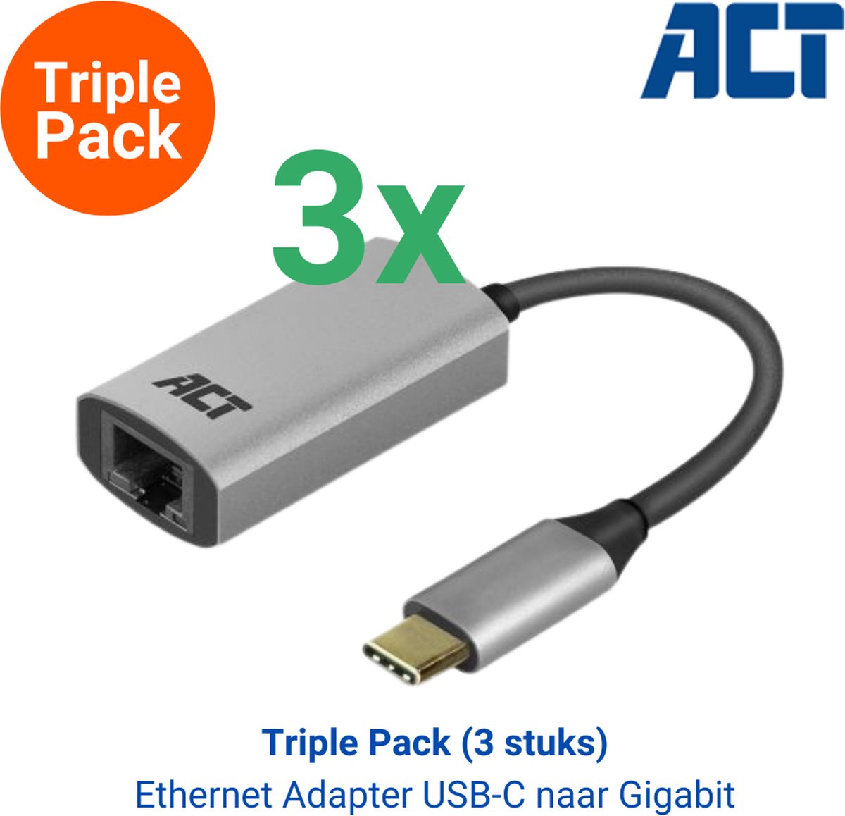 Tripple Pack: 3x AC7080 Ethernet Adapter USB-C naar Gigabit