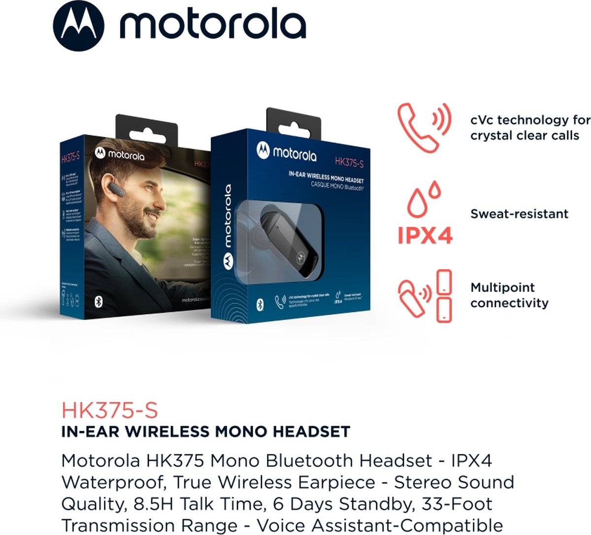 Motorola HK375 S Headset Mono Draadloos Oortje Bluetooth 5.0