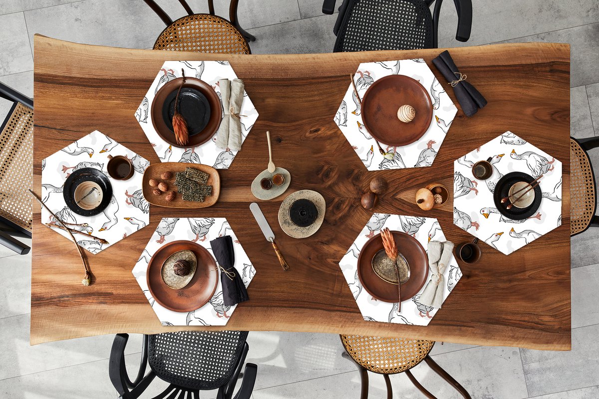Placemats hexagon - Onderleggers placemats - Placemat zeshoek - Patroon - Vogel - Gans - 6 stuks