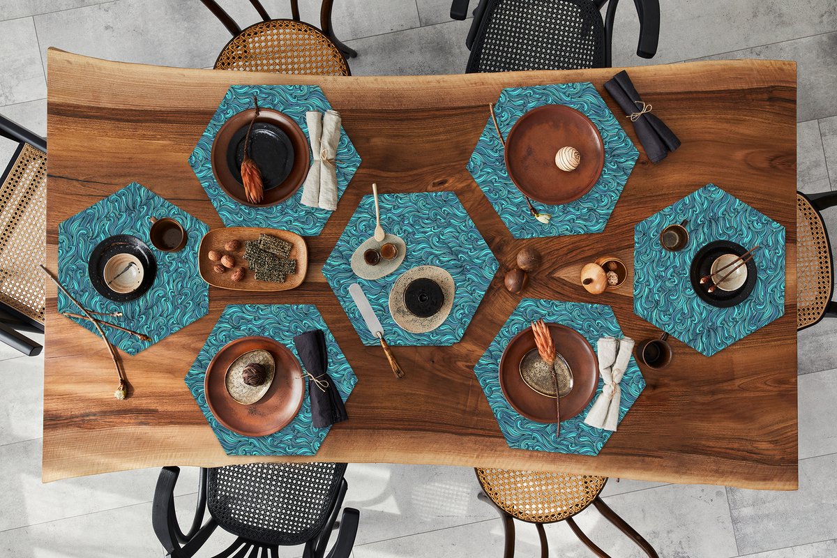 Placemats hexagon - Onderleggers placemats - Placemat zeshoek - Waves - Patronen - Water - 8 stuks