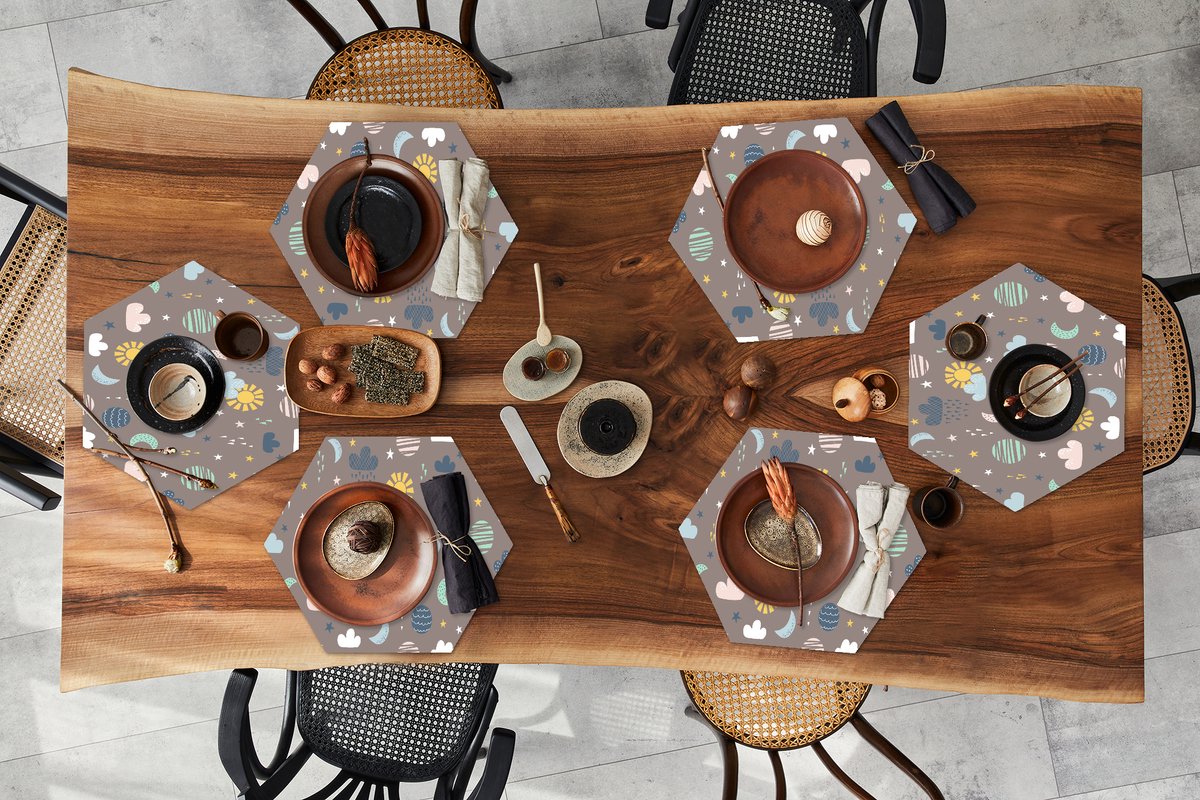 Placemats hexagon - Onderleggers placemats - Placemat zeshoek - Wolken - Zon - Design - 6 stuks