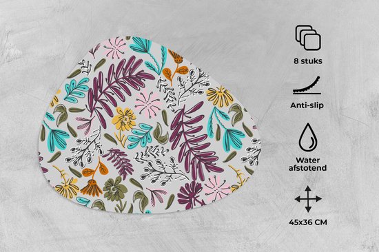 Set de table bio - Napperons bio - Sets de table - Fleurs - Feuilles - Motif - 8 pièces