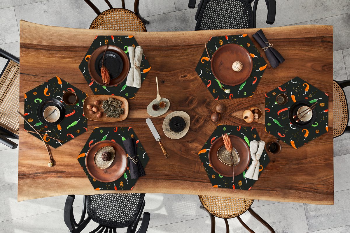 Placemats hexagon - Onderleggers placemats - Placemat zeshoek - Peper - Patronen - Zaden - 6 stuks