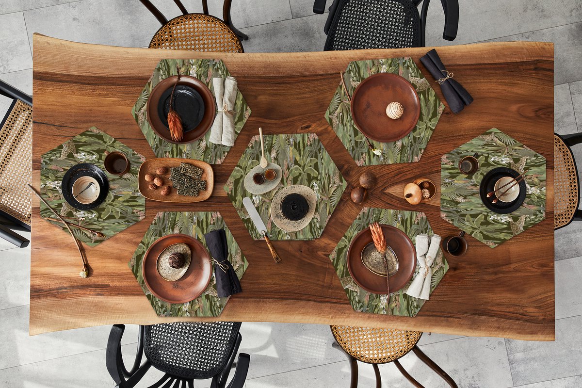 Placemats hexagon - Onderleggers placemats - Placemat zeshoek - Jungle - Dieren - Vintage - Patroon - 8 stuks
