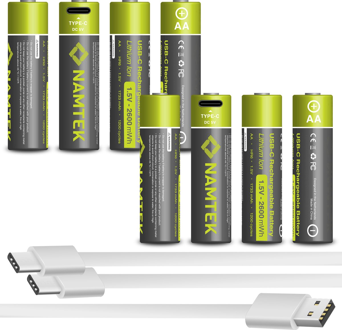 Namtek Oplaadbare batterijen AA 1.5V 2600 mWh met USB Type-C Kabel opladen - Lithium USB batterijen - Duurzame Keuze - 8 stuks