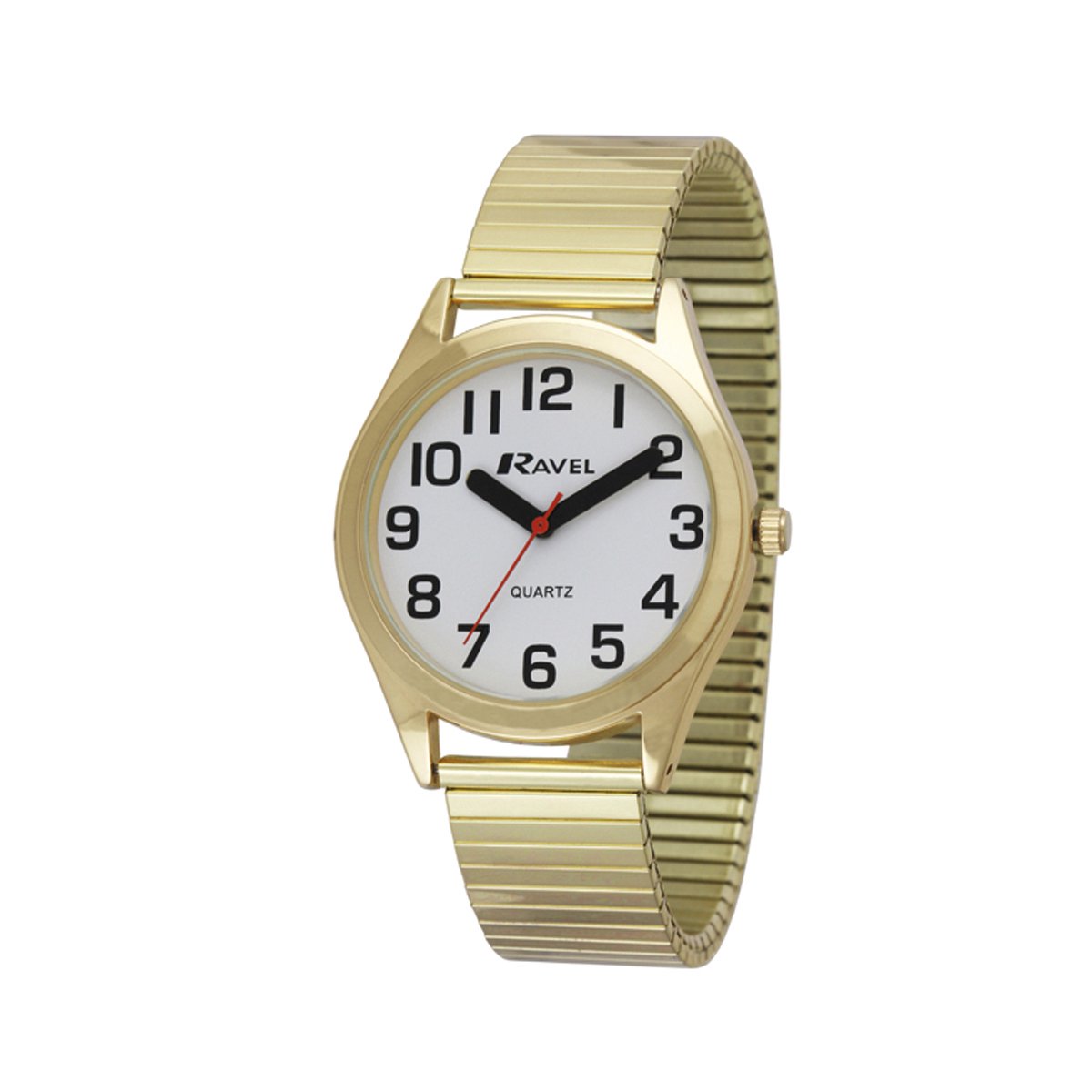 Ravel - heren super gewaagd zicht hulp roestvrij staal expander armband horloge met grote getallen en handen (36mm horlogekast) - Analoge Kwarts - R0225.02.1 - goudkleurig / witte wijzerplaat