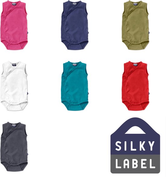 Zeven mouwloze babyrompers in de kleuren roze, donkerblauw, groen, wit, turquoise, rood en grijs.