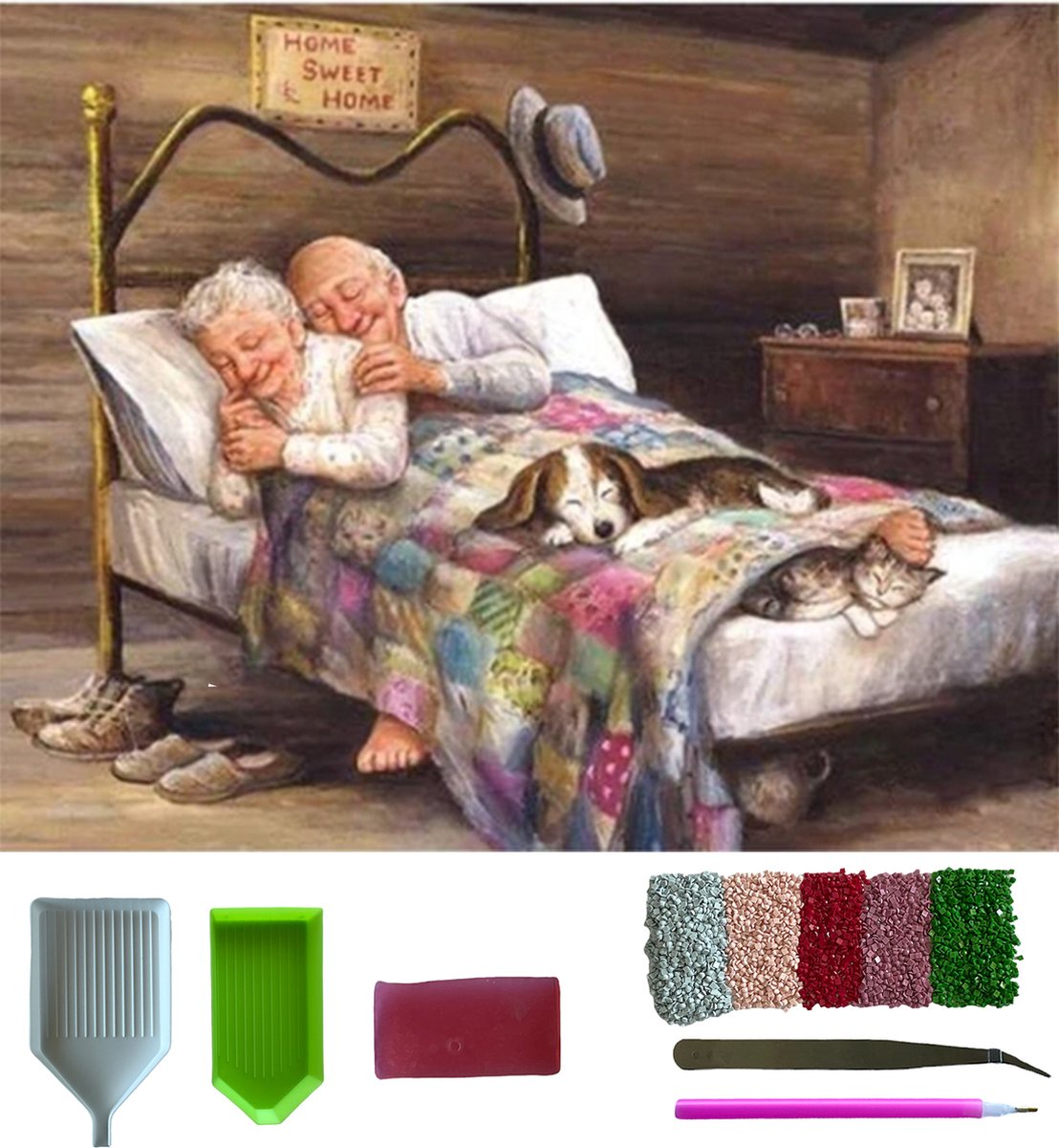MTM Diamond Painting - Diamond Painting volwassenen - Oude mensen in bed - 30 x 40 cm - Volledig pakket
