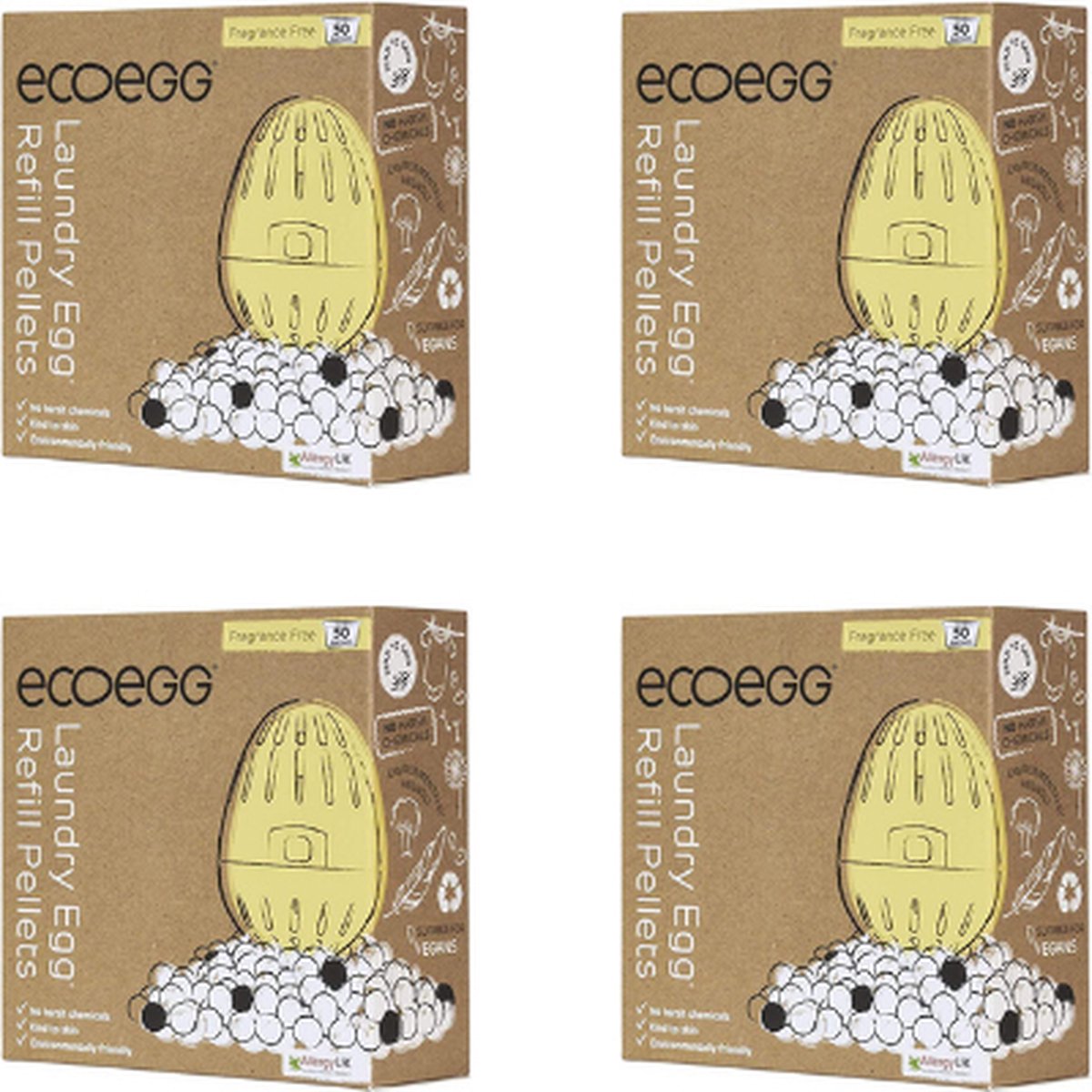 4 x EcoEgg Wasbal Duurzame Navulpellets - Parfumvrij - Navulbaar - Geld Besparend - 50 Wasbeurten - Hergebruik