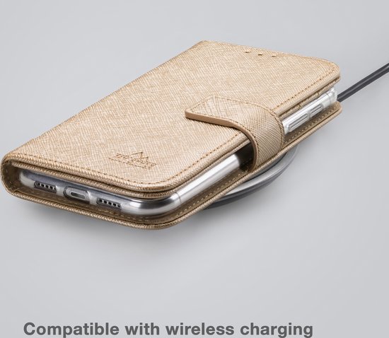 Étui de téléphone doré style portefeuille, compatible avec la recharge sans fil.